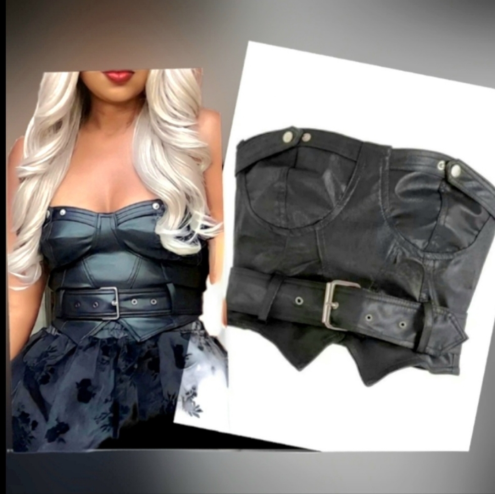 Haute monde blk faux leather bandeau bustier snap details belted corset XL